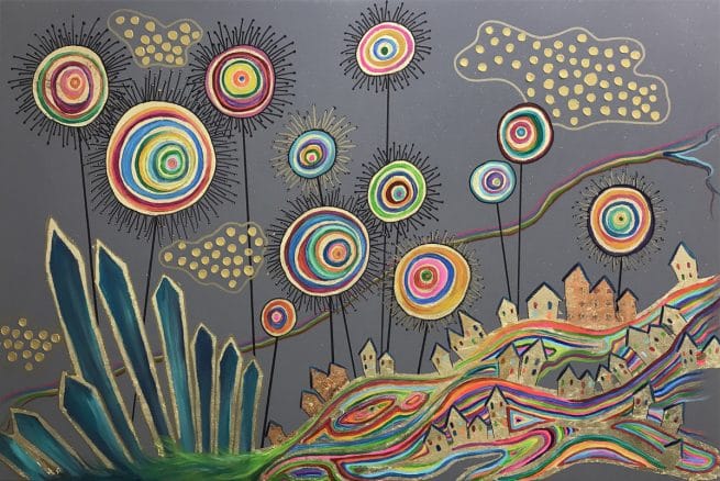 Le village interdit : 97x147 technique mixte sur enduit béton